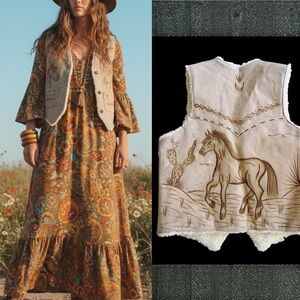 Vintage Suede Shearling Vest Women’s XS Horses Tooled Leather Western 70s Boho